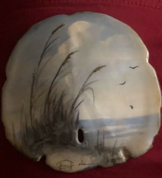 Vintage Large Sand Dollar Hand Painted Beach Scene Signed By Artist