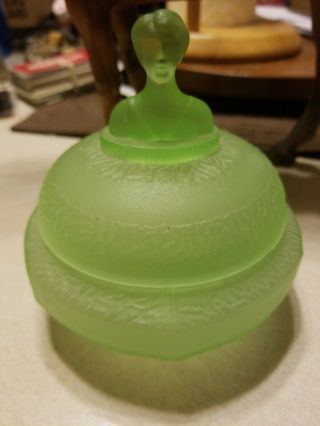 Vintage Frosted Green Depression Glass Powder Jar.  Lady On Top