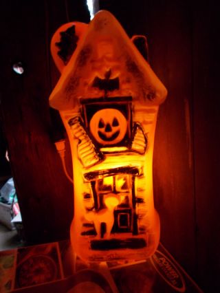 Vintage Halloween Decoration Orange Haunted House Blow Mold Light Lamp