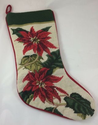 Christmas Stocking Poinsettia Needlepoint Wool Lined Hand Sewn Red Green 20 "