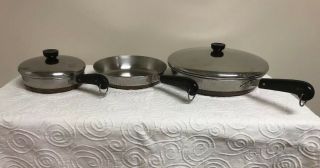 Set Of 3 Revere Ware Vintage 2 Frying Pan W/lids - Copper Bottoms 1 Without Lid
