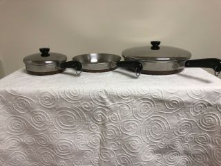 Set of 3 REVERE WARE Vintage 2 Frying Pan w/Lids - Copper Bottoms 1 Without Lid 2
