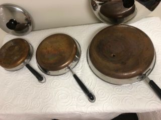 Set of 3 REVERE WARE Vintage 2 Frying Pan w/Lids - Copper Bottoms 1 Without Lid 5