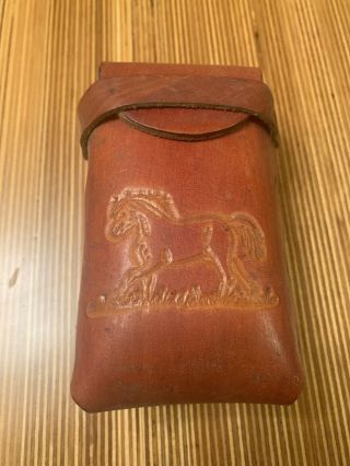 Vintage Tooled Leather Cigarette Case And Lighter Holder Pouch Horse Design