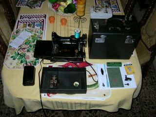 1938 Singer 221 - 1 Featherweight Electric Sewing Machine,  Attachments,  Case,