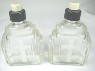 Two Vintage Glass Holy Water Bottles - Catholic - 2 3/4 " X 4 " X 1 5/8 " - With Lids