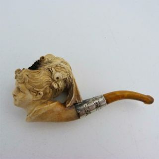 Antique Meerschaum Ladies Smoking Pipe With Amber Stem,  Austrian Lady In Hat