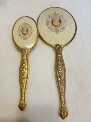 Vintage 24k Gold Plated Cameo Vanity Hand Mirror & Brush With Removable Head