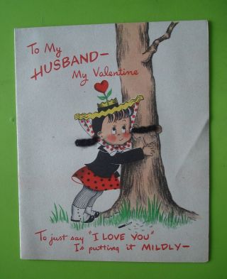 Vtg.  Norcross Valentine Card - Husband - Susie - Q Hugging A Tree - Real Wool Braids