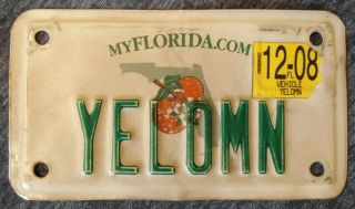 Florida " Yelomn " Motorcycle License Plate