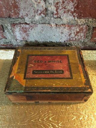 Vintage Red & White Brand Buffalo,  Ny Antique Wood Cigar Box Panetelas {rare}