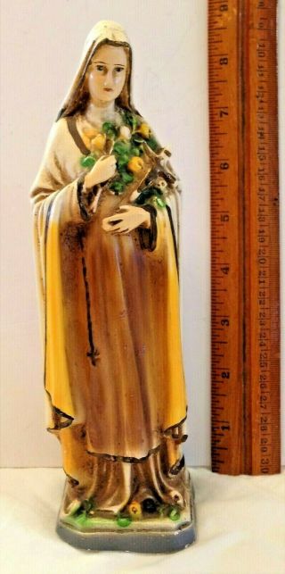 Vintage Chalkware Saint Therese Statue Religious Catholic Icon Yellow Roses