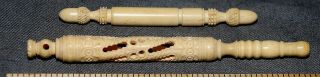 2 Very Detailed Antique Carved Bovine Bone Needle Cases - Very Detailed -