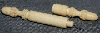 2 VERY DETAILED ANTIQUE CARVED BOVINE BONE NEEDLE CASES - VERY DETAILED - 3