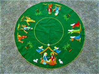 Vtg Bucilla Jeweled Green Felt Nativity Christmas Tree Skirt Table Topper 42 "