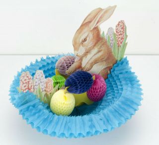 Vintage Beistle Easter Bunny Egg Nest Centerpiece - Blue Honeycomb Basket Old