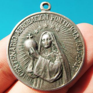 Rare Blessed Virgin Mary Holding The Globe Silver Medal Old Religious Pendant