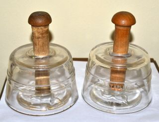 2 Antique Glass Butter Press Mold,  Wood Handle,  Cow Stamp,  Maltese Cross Stamp