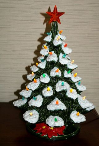Vtg Snow Flocked Ceramic Christmas Tree With Bulbs & Base 18 " Poinsettia On Base