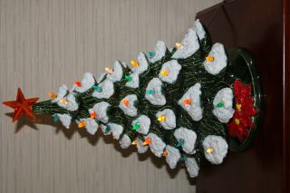 VTG Snow Flocked Ceramic Christmas Tree with Bulbs & Base 18 