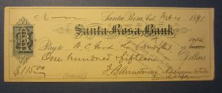 Old 1891 Santa Rosa Ca.  Bank Check Document - Savings Bank Of Santa Rosa