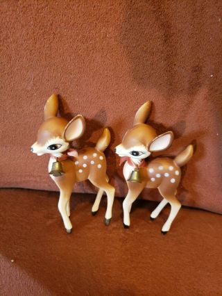2 Vintage Christmas Plastic Reindeer Rare Deer Gold Bell Figure Hong Kong 6 "
