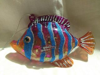 Vtg Xmas Ornament Art Glass Hollow Fish Shape Glitter Striped Blue Gold Red