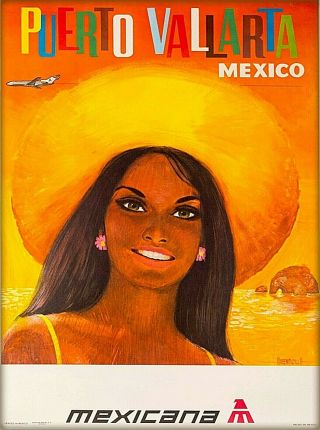 Puerto Vallarta Mexico Mexicana Vintage Airline Travel Advertisement Art Poster