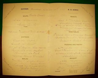 Handwritten 1896 Dinner Menu S.  S.  DORIC,  White Star Line 2