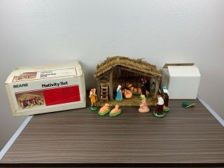 Vintage Sears Trim Shop Nativity Set Wooden Stable W 12 Figures 71 - 97169