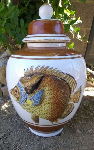 Large Chinese Ginger Jar W/lid Raised Enamel Fish On Both Sides 13 "