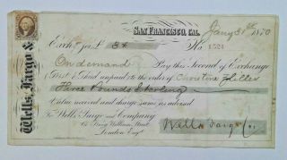 1870 Wells Fargo Express Bill Of Exchange To England From California