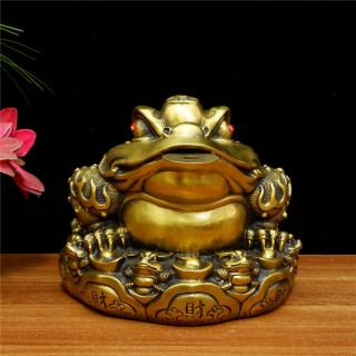 Chinese Folk Brass Feng Shui Money Toad Three Legged Wealth Frog Spittor Statue