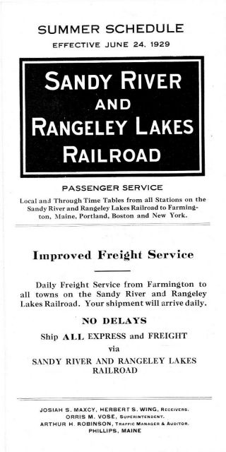 Sandy River & Rangeley Lakes Railroad System Passenger Time Table,  June 24,  1929