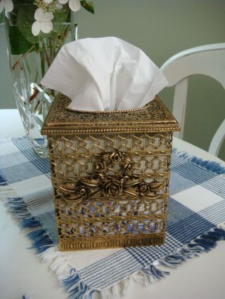Vintage Gold Metal Filigree Kleenex Tissue Box Holder Cover Floral Front