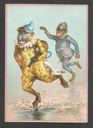 X64 - Anthropomorphic Monkeys - Policeman Chasing Clown - Victorian Xmas Card