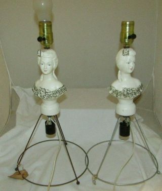 2 Vintage Half Doll Dual Lamps W.  F.  B.  Johnson Boudoir Lady Figurine Chalkware