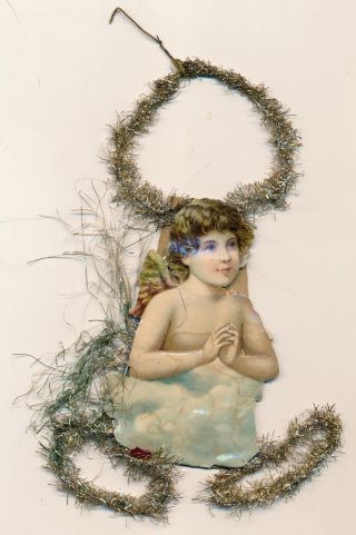 Antique Victorian Christmas Ornament Cherub Tinsel,  Paper,  8 " X 5 "