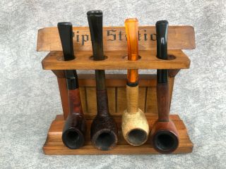 " Pipe Station " Wood Smoking Tobacco Stand / Rack By Victor Goldman Inc W/4 Pipes