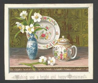 X53 - Chinese Teapot,  Blue And White Vase,  Porcelain Plate - Victorian Xmas Card