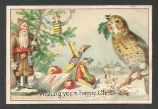 X31 - Brown Coat Santa With Tree,  Alive Wooden Dolls,  Bird - Victorian Xmas Card