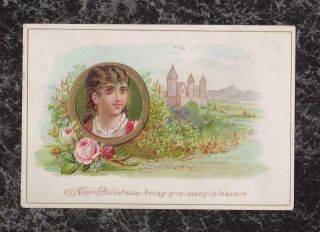 Portrait Of Brunette Woman Castle Roses Embossed Victorian Christmas Card 4.  5x3 "