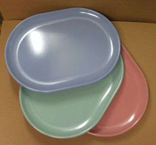 3 Rubbermaid Meat Platters Oblong Oval Pastel Blue - Pink - Green Plastic
