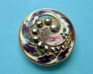A 32mm (large) Antique French Pierced Purple Floral Enamel Button,  Cut Steels