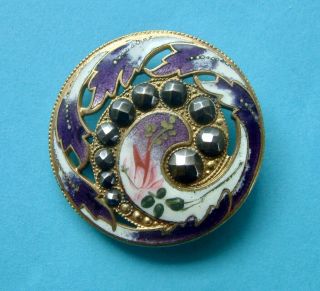 A 32mm (LARGE) Antique French Pierced Purple Floral Enamel Button,  Cut Steels 2