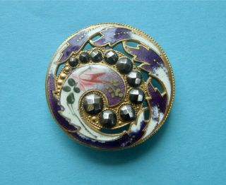 A 32mm (LARGE) Antique French Pierced Purple Floral Enamel Button,  Cut Steels 3