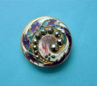 A 32mm (LARGE) Antique French Pierced Purple Floral Enamel Button,  Cut Steels 4
