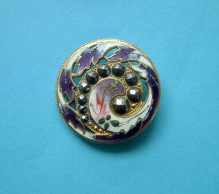 A 32mm (LARGE) Antique French Pierced Purple Floral Enamel Button,  Cut Steels 5