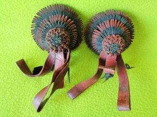 Old Early Antique Horse Bridle Rosettes Big 3 - 1/2 " Fine Leather No Res