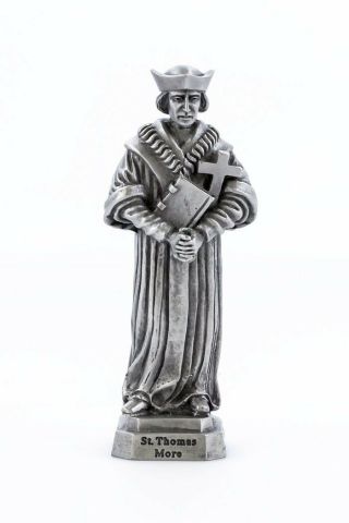 Pewter Catholic Saint Thomas More Statue With Laminated Prayer Card